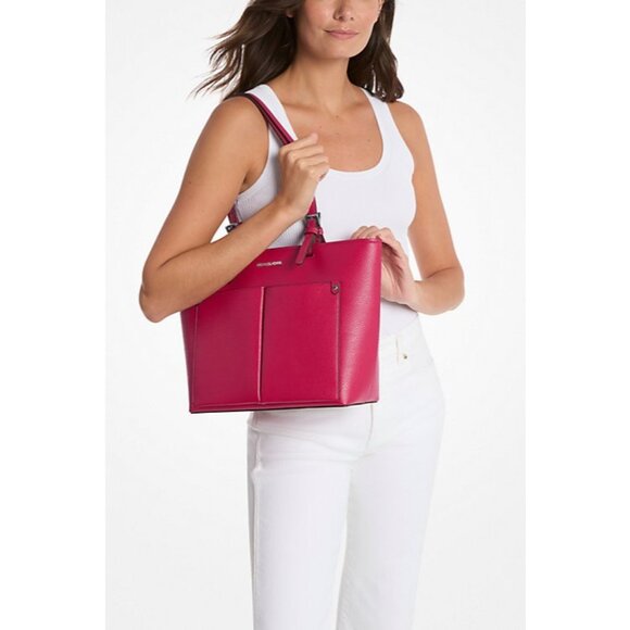 New Michael Kors Jet Set Travel Medium Double Pocket Tote Dark Raspberry - Picture 3 of 5